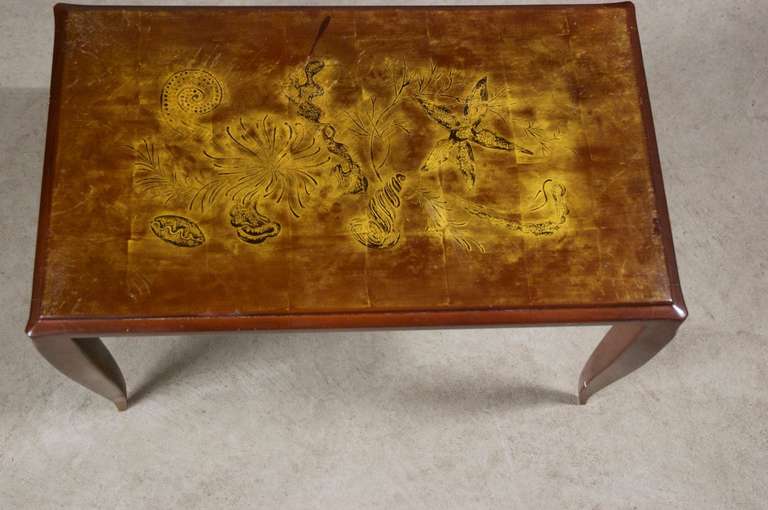 French Art Deco small side or coffee table in original lacquer finish or decoration, circa 1935. Bronze mounts.