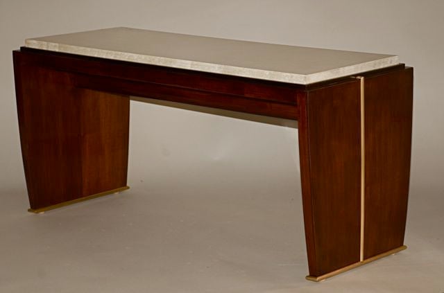 French modernist coffe table by Dominique. Rosewood with gilt bronze mounts and parchment top. French, circa 1935. 35