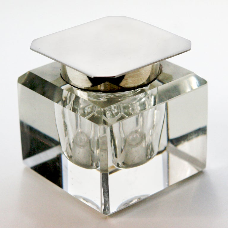 Square English crystal ink well with sterling silver lid.  Hallmarked: Birmingham 1934/1935