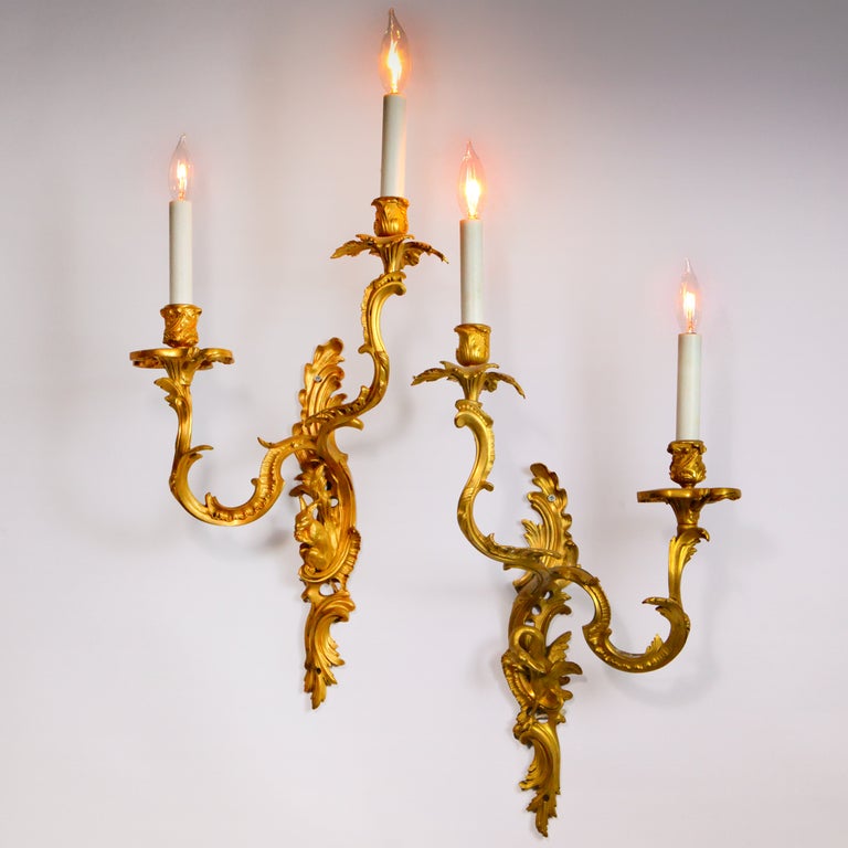 Elegant matched pair of 19th century French gilt bronze sconces. Right and left facing double light sconces with a swirling acanthus leaf design; the lower portions with small woodland creatures. Designed with one higher and one lower candle arm;