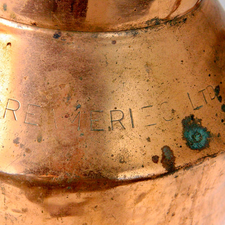 Large antique copper milk can with removable lid and side handles.  Circa 1885.