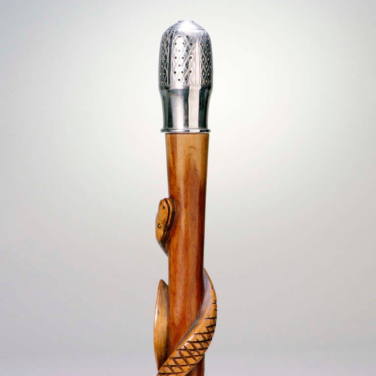 Carved wood doctor's cane with silver pomander handle for diffusing scents. Cane intricately carved with twisting snake and leaves.