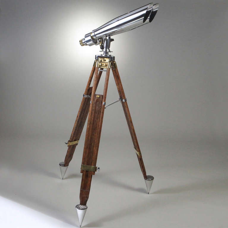 Large standing World War II polished steel Japanese naval binoculars on adjustable Zeiss WWII tripod stand.  Powerful 15 x 80 magnification with original super clear optics and protractor scale.  This means 15 times what you can see with your eye