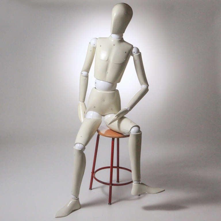 Amazing vintage seven foot Italian mannequin or artists model in molded white plastic.  Fully articulated with ball and joint body parts.  Stamped:  Brevettato - Artevetrina  Firenze, Italy.