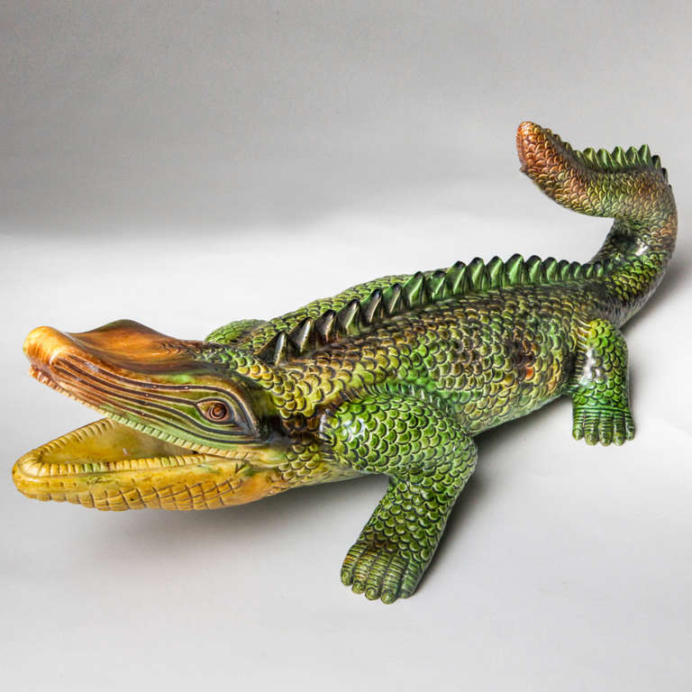 Majolica Alligator Sculpture In Excellent Condition In New York, NY