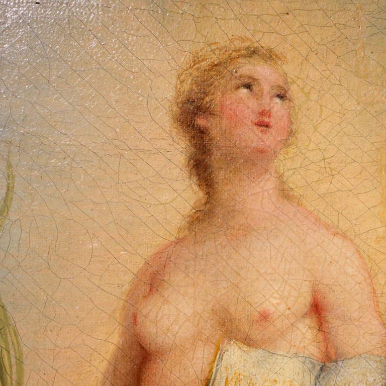 Late 18th century French oil painting of a nude Madonna figure. Oil painting on a board. Narrow rounded giltwood frame.