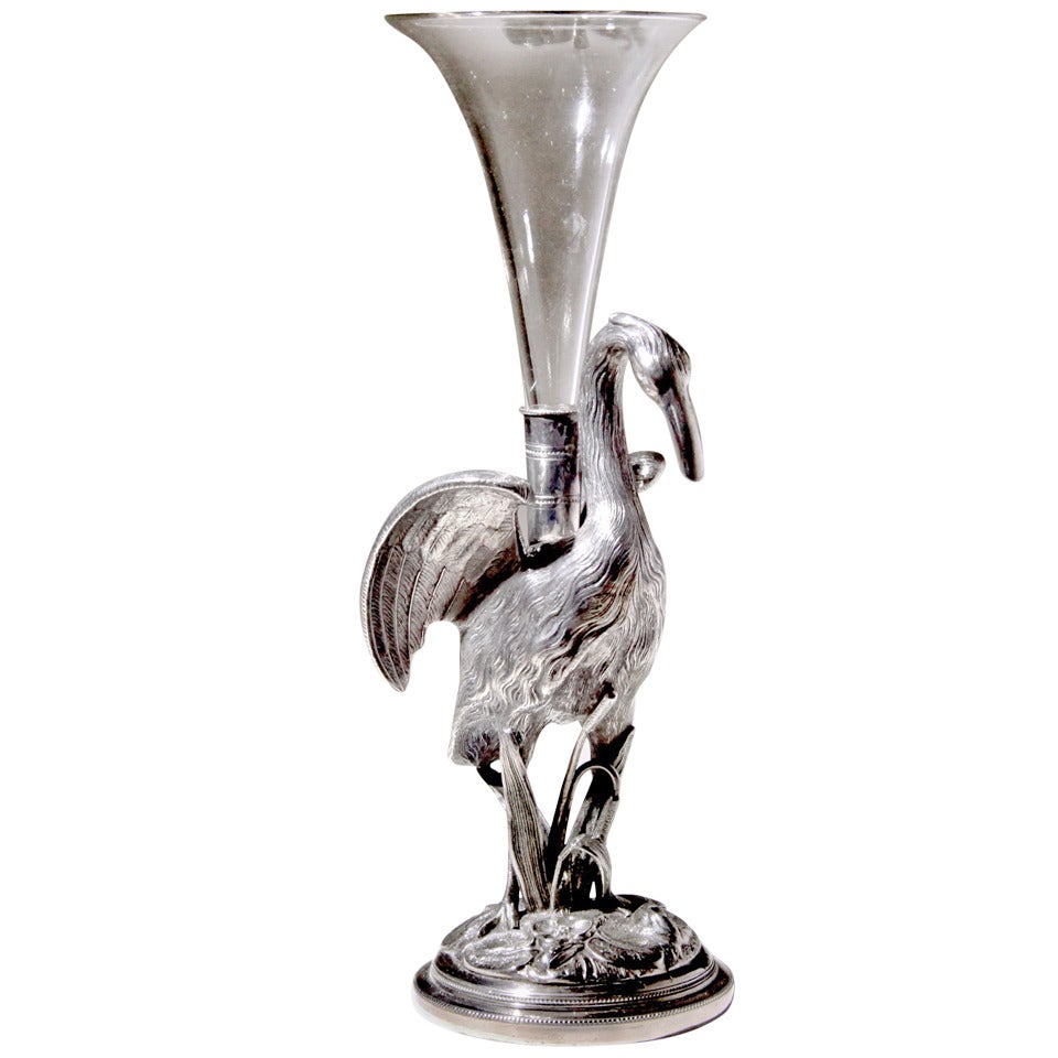 Silver and Glass Heron Vase For Sale