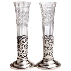 Vintage Pair of Crystal and Silver Vases
