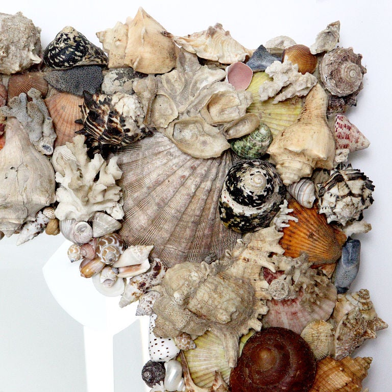 Large rectangular shell mirror heavily encrusted with richly-patinated sea shells including conch, large scallops, clams, mottled snails, starfish and coral.