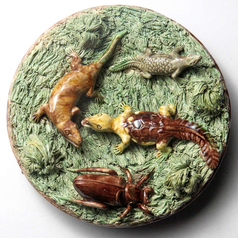 Portuguese palissy plate or charger with three salamander figures and on beetle. Signed: # 8 M. Mafra, Caldas, Portugal.