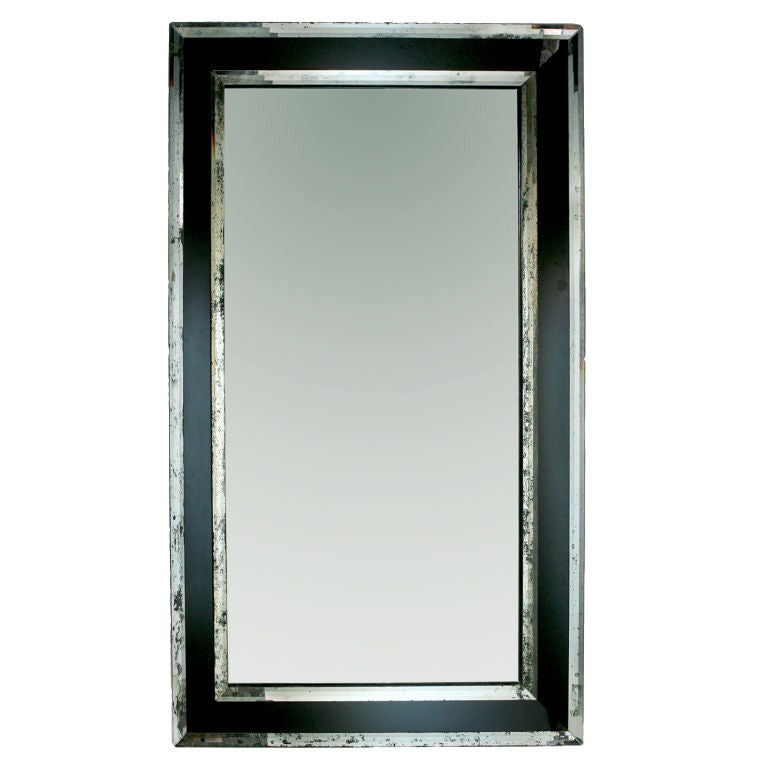 Extra large scale 6' 1920s wall mirror.  Striking mirror on mirror beveled frame with bold black glass bordered by antique glass.