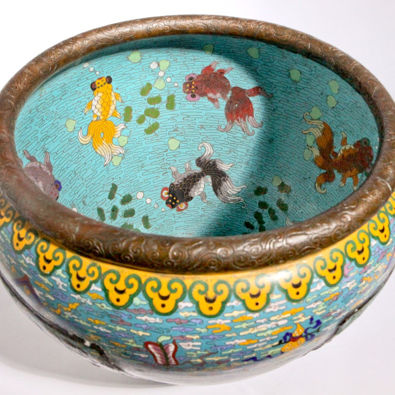 Antique Chinese cloisonne fish bowl or jardiniere with inlaid bronze figures on rich turquoise ground, raised on carved rosewood stand (7
