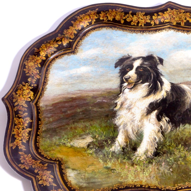 English lacquered papier-mache tray.  Large scalloped edge tray depicting a Border Collie with beautifully patterned border. Antique tray refurbished by English craftsmen.
