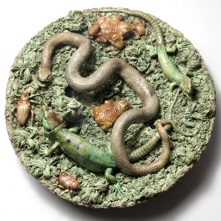 Large Portuguese palissy plate or charger with a long coiled snake, two lizards, three brown toads and two beetles. Signed: #2 M. Mafra, Caldas, Portugal.