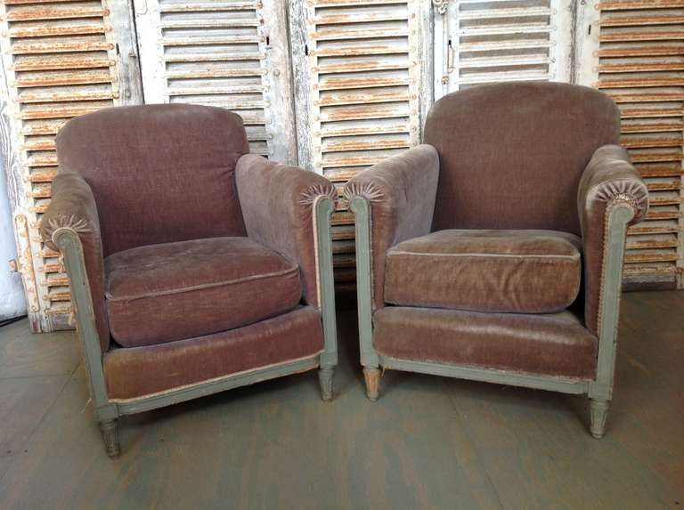Pair of French 19th C. armchairs with blue painted frames and rose velvet upholstery. Chairs are sold in 