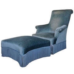 Blue Scrolled Back Napoleon III Armchair with Ottoman