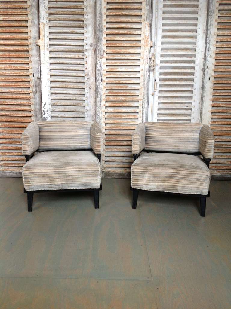 Pair of modern American armchairs with blue and tan striped fabric.
Sold in good vintage condition 