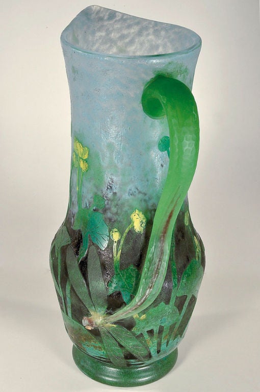 Exceptional  Daum Nancy Cameo and Applied Dragonfly Pitcher In Good Condition In Miami, FL