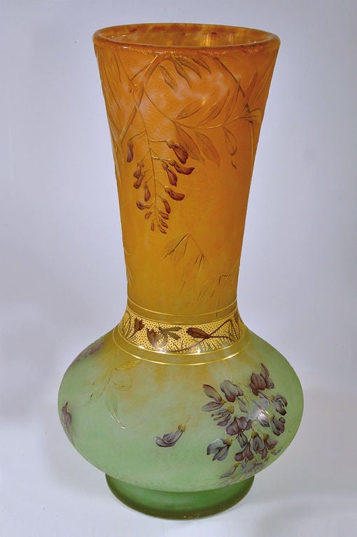 Superb Daum Nancy Cameo & Enameled Vase: " Glycine "