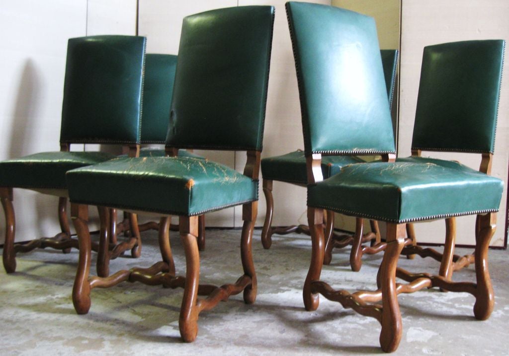Elegant set of 6 of rich curvacious carved walnut dining room chairs, 