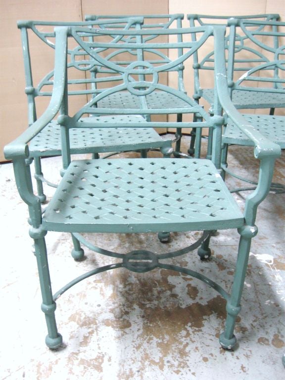 Elegant, fabulous quality, solid cast aluminum set of 6 dining #patio chairs, 4 sides chairs and 2 armchairs, with neo classical / nautical inspired motif, fretwork style seat. Out of a Palm Beach estate, great quality exterior furniture, shows