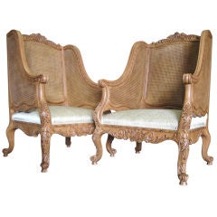 Elegant  Large pair of French Caned Wingback Clubs / Bergeres
