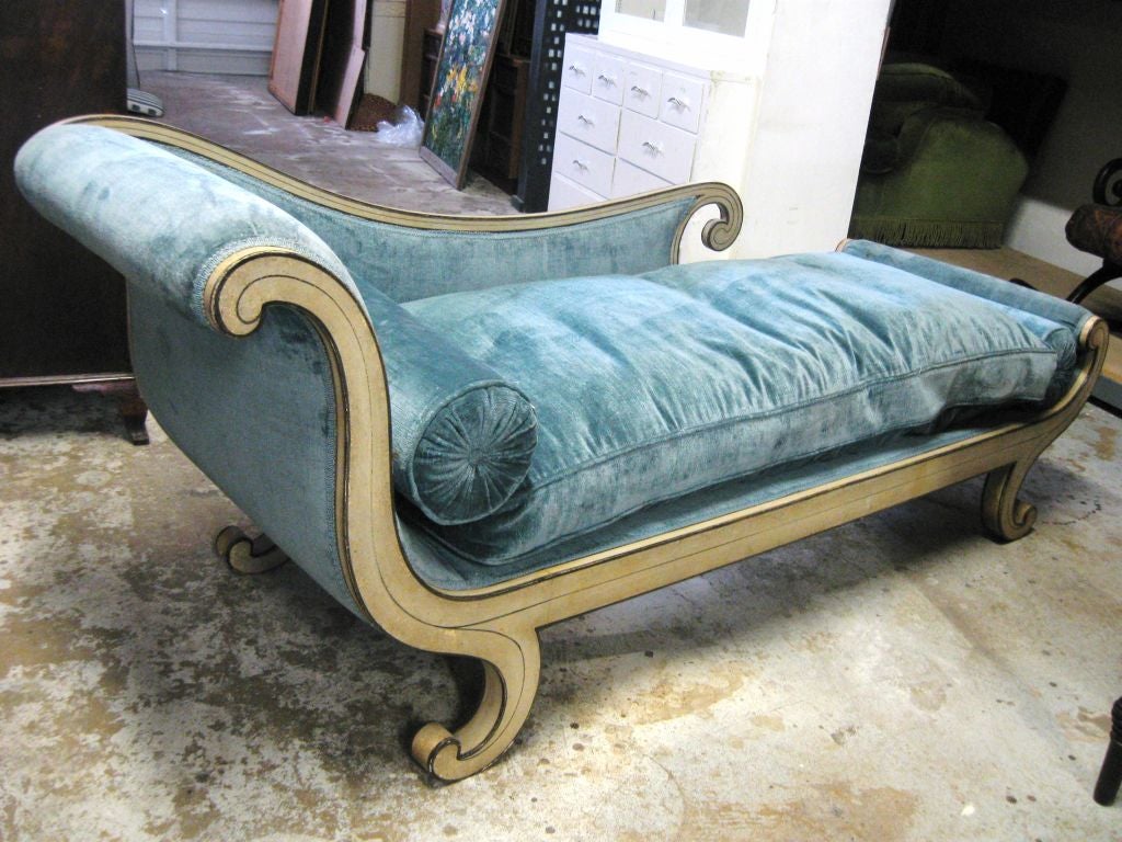 Spectacular French Napoleon III, superbly curvacious, down filled original painted frame, #Recamier, Canape, Loveseat, inverted scrolled legs, generous form and wonderfully comfortable. Combines beautifully with period or mid century chairs and
