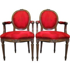 Elegant Pair of French LXVI Style Medallion Bergeres / Armchairs