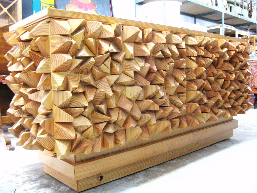 Spectacular all natural wood sideboardd, with Bold cubiste inspiration, important 3 dimentional volume, 4 front doors, clean parsons lines, a Spoutnik feeling explosion. Floats on all natural wood base. Rough, exceptional with a primitive feel and