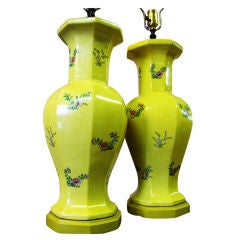 Elegant pair of Sulfur yellow Chinoiserie Table Lamps