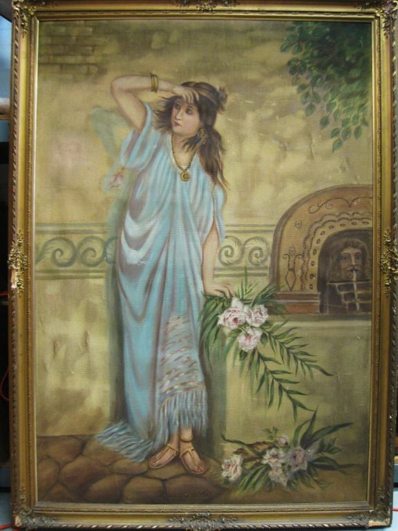 Large paiting on fabric of Rebecca at the well, turn of the century, 1880's. Has slight damages throughout, but remains a marvellouslyu decorative piece. Purchased in a private estate in Miami Beach, one family owner.