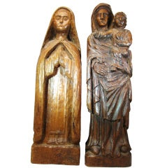 2 Early French 19thC Carved Figures: St Teresa & Virgin w/Child