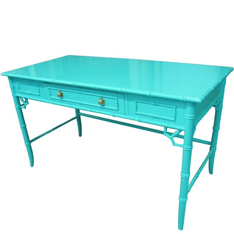Aqua Lacquered Faux Bamboo Desk / Writting Table For Sale