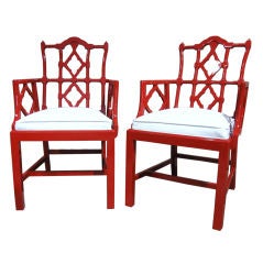 Superb Pair of Chinese Chippendale Style Lacquered Armchairs