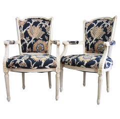 Generous Pair of French LXVI Style Open  Armchairs