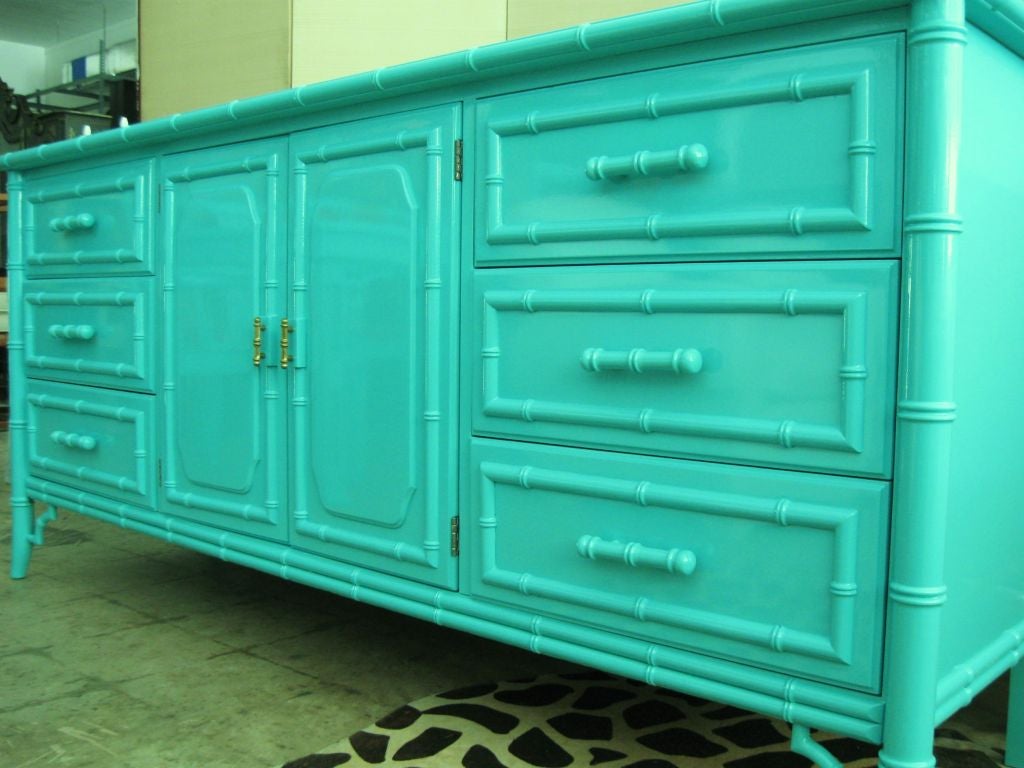 richly #aqua #lacquered #faux #bamboo cabinet which can be used as dresser, commode or sideboard, with Chinese #chippendale inspired lines. #SaDaAqua