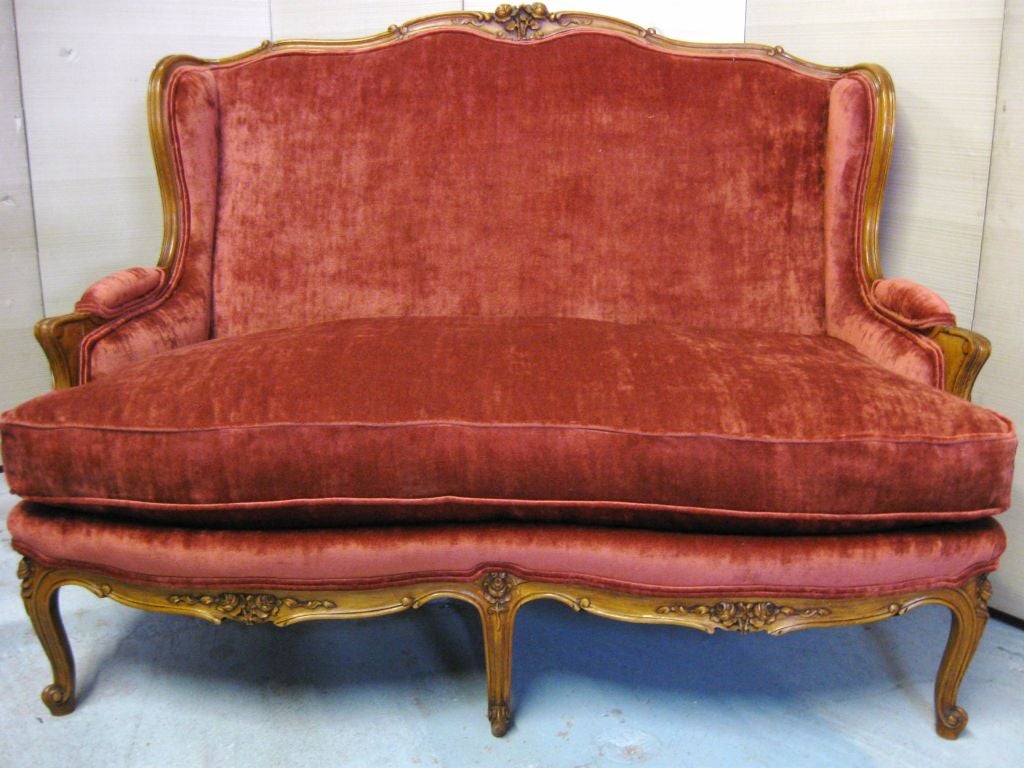 Elegant #French #LXV style settee, with #superb fruit wood carved frame, beautiful rich rose velvet, high back and 