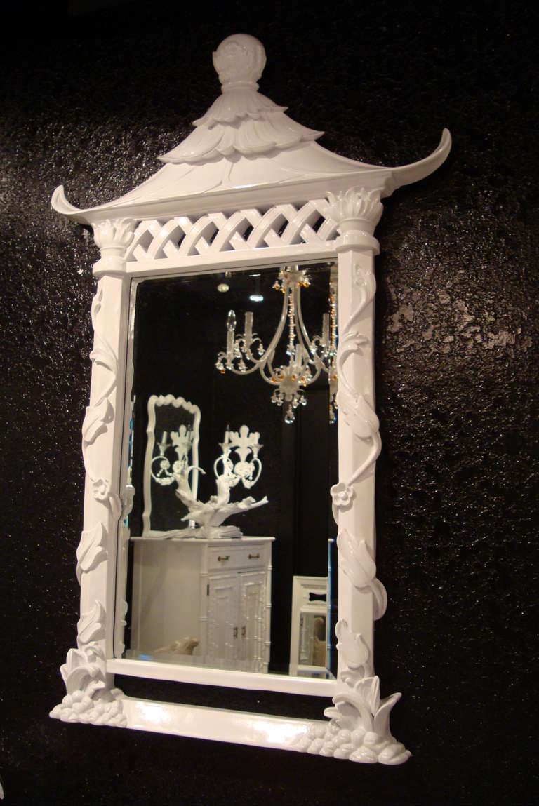 Newly Lacquered White Pagoda Mirror with decorative border. Beveled Mirror