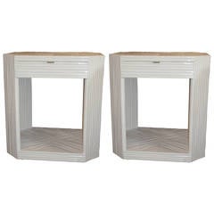 Pair of Lacquered White Vintage Bamboo Nightstands