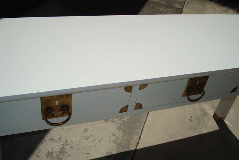 Vintage White Lacquered Campaign Console In Excellent Condition In West Palm Beach, FL