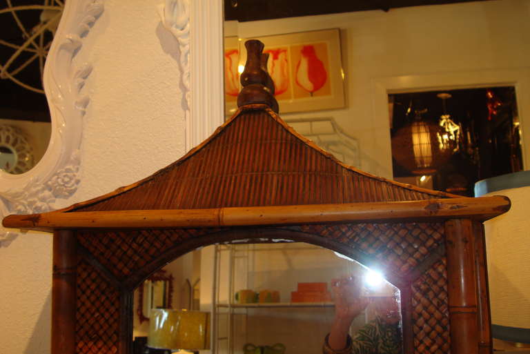 Vintage Bamboo and Rattan Pagoda Mirror In Excellent Condition In West Palm Beach, FL
