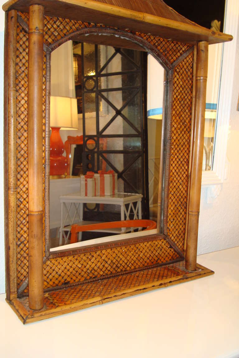 British Colonial Vintage Bamboo and Rattan Pagoda Mirror