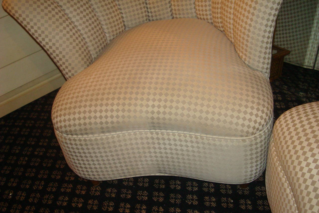 Glamorous channel back chairs in Hollywood Regency/Deco style, asymmetrical fan back with contoured tight seat. Vintage jacquard silk upholstery.