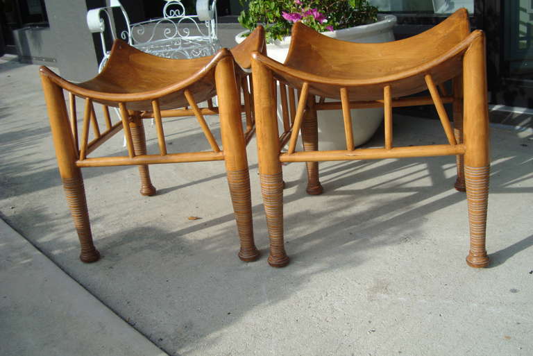 Pair of Vintage Wood Stools with Concave Seat and Carved Legs