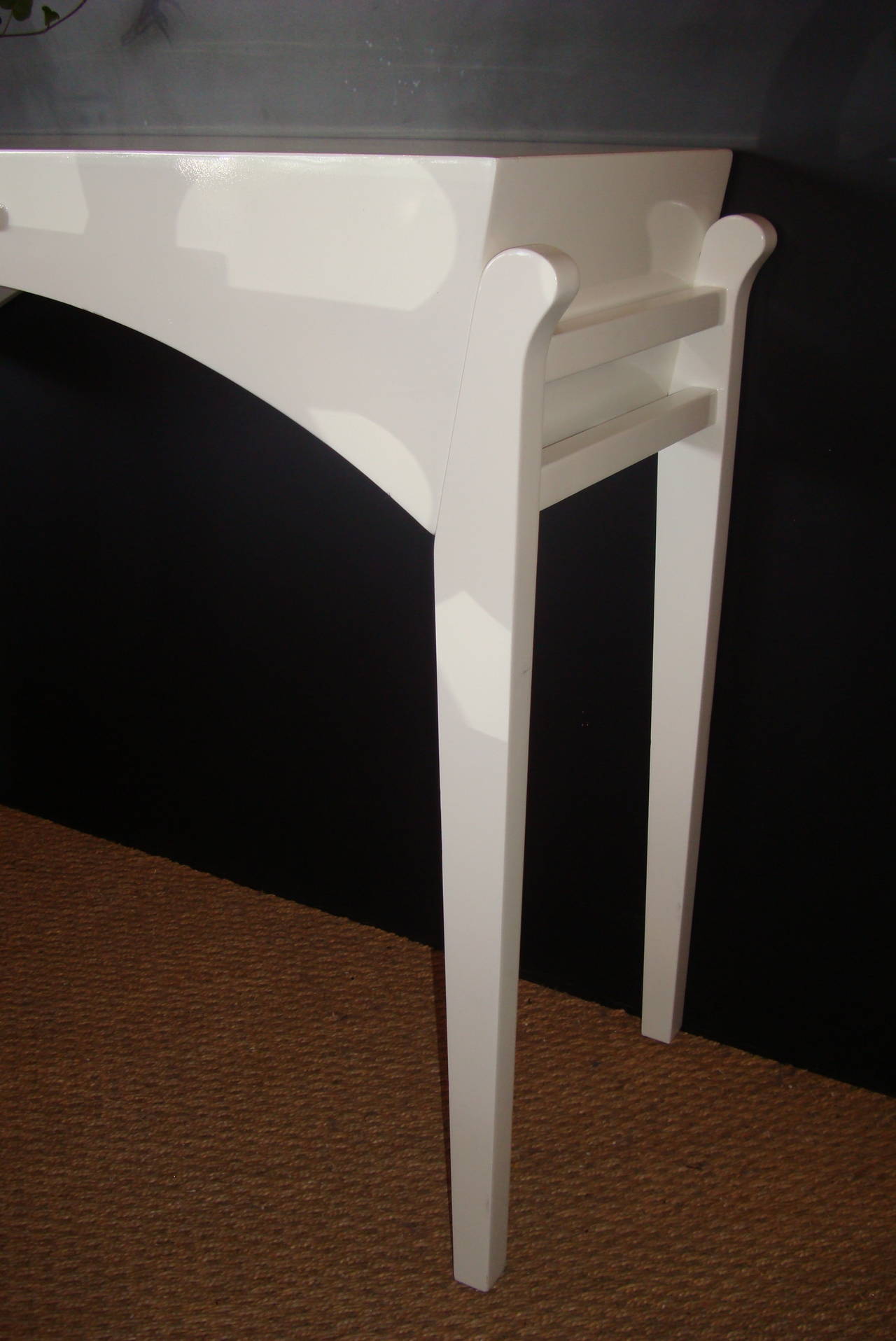 Newly Lacquered White Gloss Vintage Vanity, Console or Writing Desk. Decorative Moderne Curve Silhouette