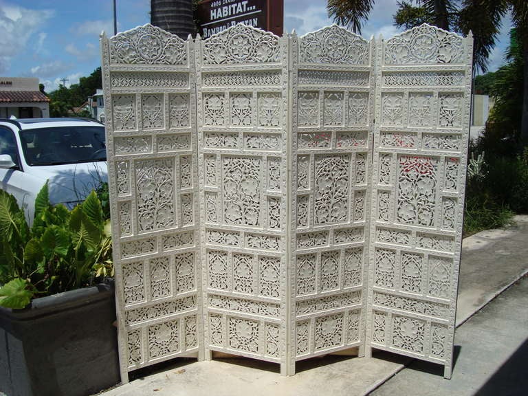 White Lacquered Exotic Carved   Wood    Four Panel Screen