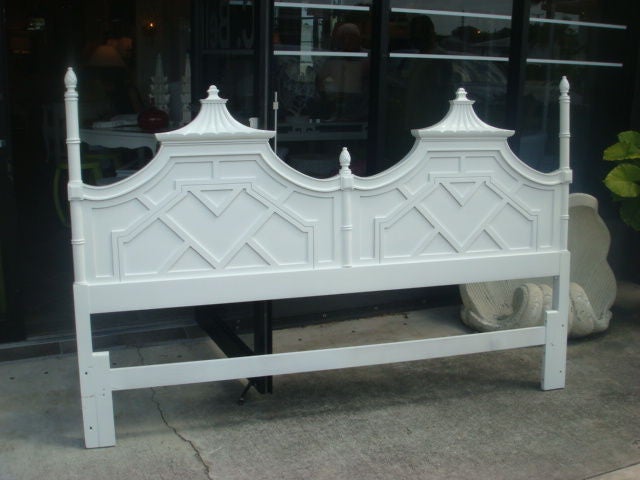 Newly Painted White Double Pagoda Peaked Headboard.Carved  Posts with Pineapple Finials.Criss Cross     Chippendale Center Pattern <br />
Hollywood Regency.