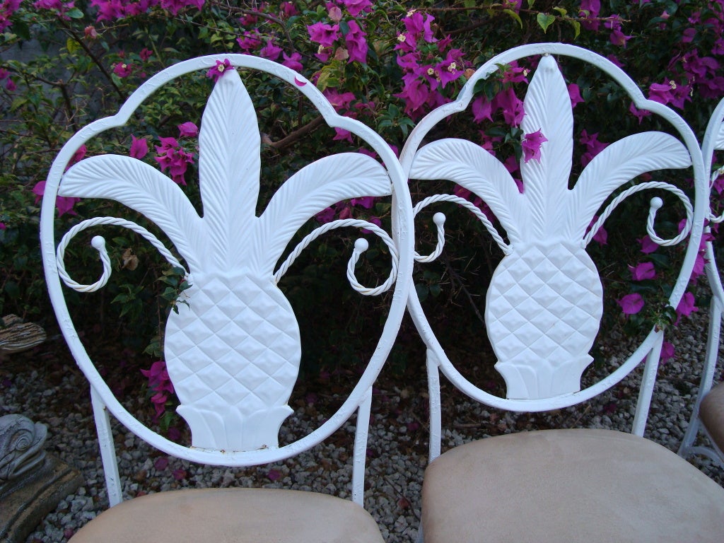 Large Iron Scroll Pineapple Back Side Chairs with Vintage Slip Seats. Set of 4 Acanthus Curved Legs. Hollywood Regency/ Palm Beach Revival