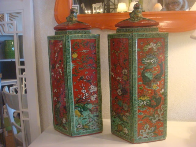 Tall Painted Ceramic Jars with Foo Dog Lids.Green Greek Key Border. Swimming Koi in Brilliant Sea Garden.
Key: Ceramic. Chinoiserie.