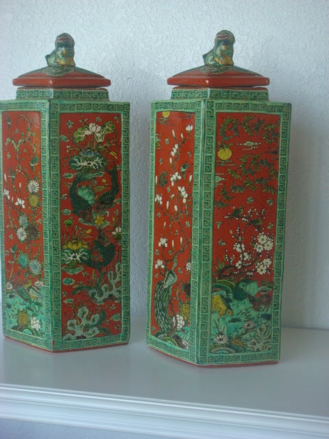 20th Century Pair of Vintage   Chinoiserie Lozenge Jars